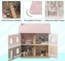Kids Wooden Dollhouse with Double-Sided Roofs and Openable Doors