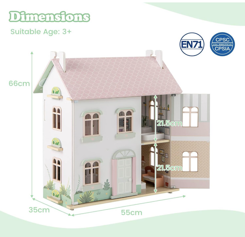 Kids Wooden Dollhouse with Double-Sided Roofs and Openable Doors