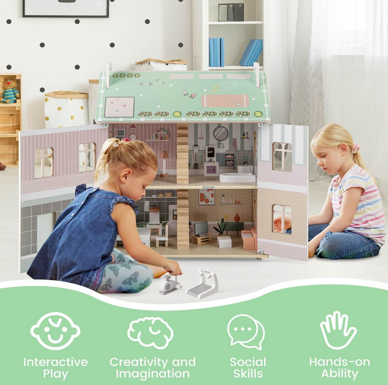 Kids Wooden Dollhouse with Double-Sided Roofs and Openable Doors