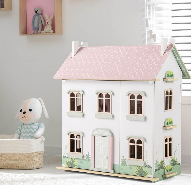 Kids Wooden Dollhouse with Double-Sided Roofs and Openable Doors