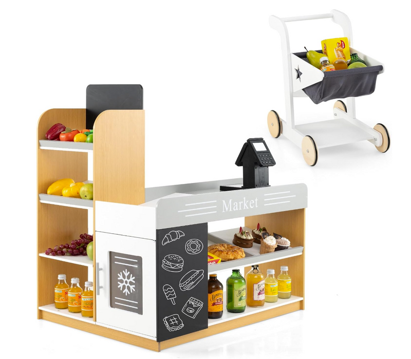 Pretend Play Grocery Store Set with Shopping Cart, 2 Chalkboards and Cash Register