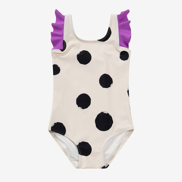 Polka Dot Purple Ruffles Sleeves One-piece Swimsuit