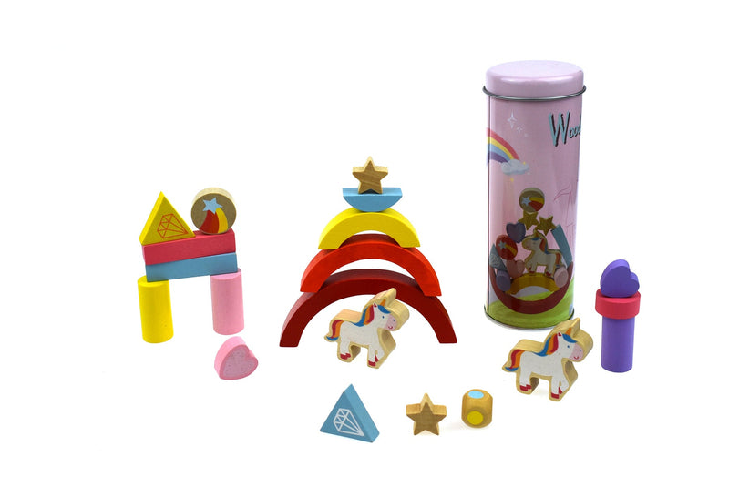 WOODEN UNICORN  BALANCING BLOCKS IN METAL CYLINDER