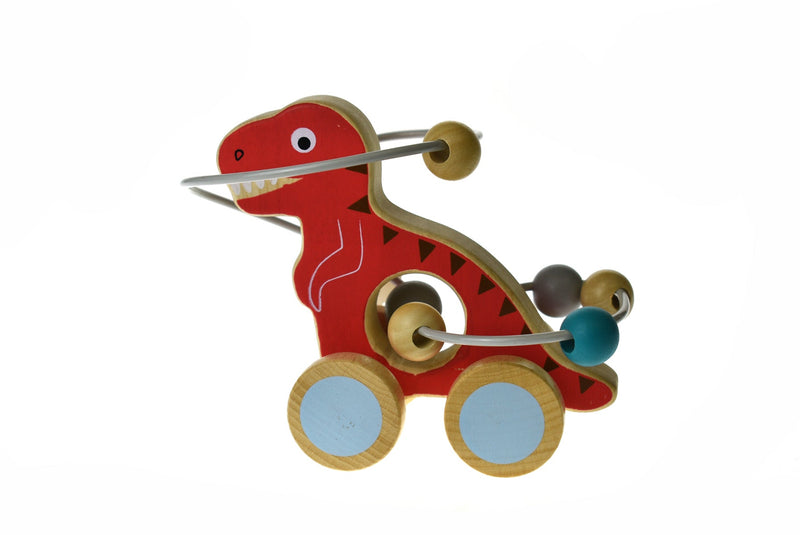 WOODEN DINOSAUR BEAD MAZE ON WHEEL RED