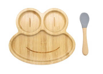 Bamboo Frog Kids Plate with Suction Cap Base & Spoon