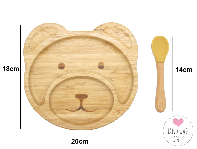 Bamboo Kids Teddy Plate with Suction Cap Base & Spoon