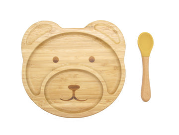 Bamboo Kids Teddy Plate with Suction Cap Base & Spoon