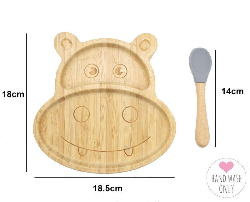 Bamboo Hippo Kids Plate with Suction Cap Base & Spoon