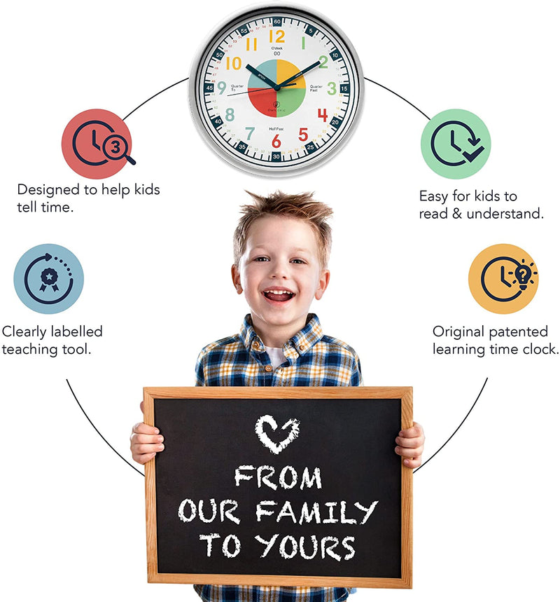 Telling Time Analogue Silent Wall Clock (Standard). Perfect Educational Tool for Homeschool, Classroom, Teachers and Parents