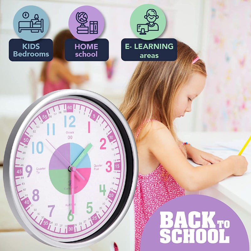 Telling Time Analogue Silent Wall Clock (Pink). Perfect Educational Tool for Homeschool, Classroom, Teachers and Parents