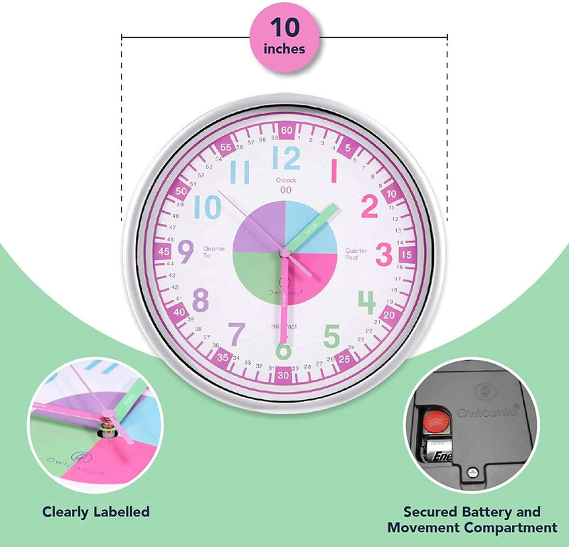 Telling Time Analogue Silent Wall Clock (Pink). Perfect Educational Tool for Homeschool, Classroom, Teachers and Parents