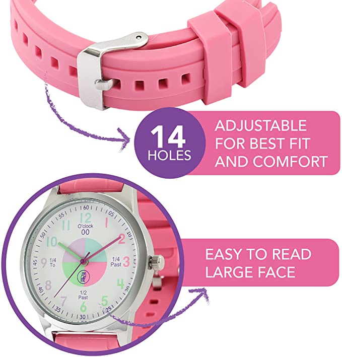 Analog Watches for Kids Telling Time Teaching Tool (Great for Boys and Girls Ages 5-15) - Rose Pink