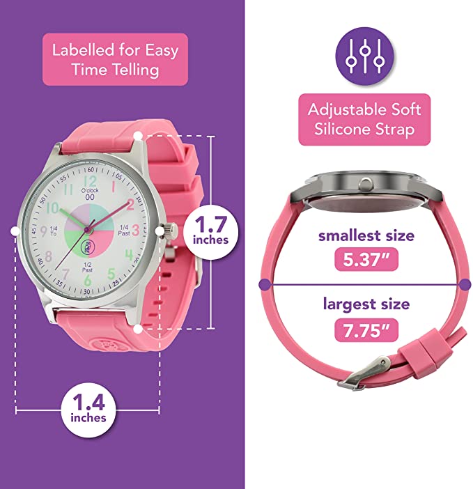 Analog Watches for Kids Telling Time Teaching Tool (Great for Boys and Girls Ages 5-15) - Rose Pink