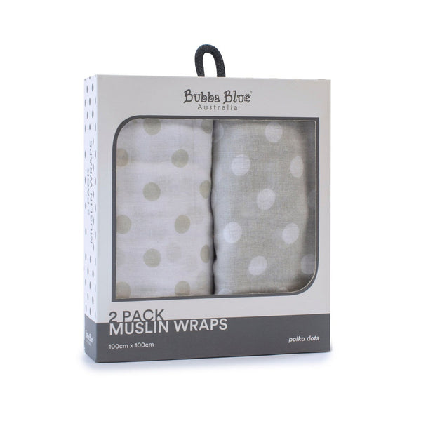 Bubba Blue Grey Polka Dots 2Pk Muslin Wraps 96473