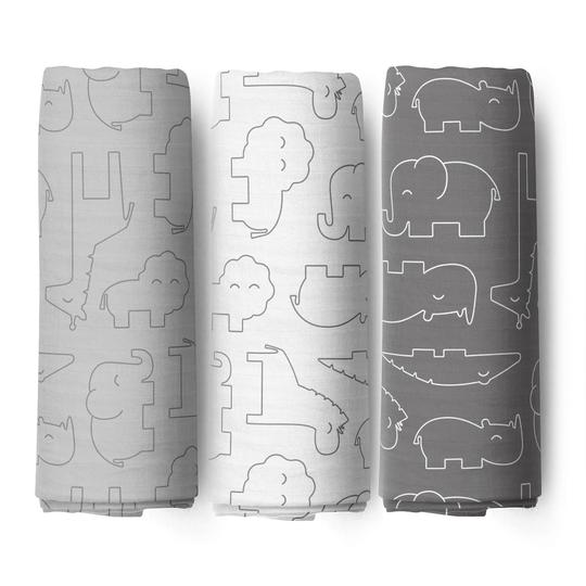 Bubba Blue Ash Grey Safari Bamboo 3pk Muslin Swaddle Wraps BB06592