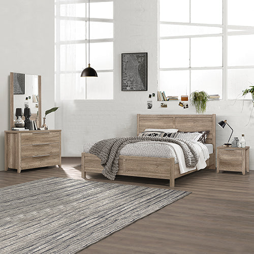 4 Pieces Bedroom Suite Natural Wood Like MDF Structure Double Size Oak Colour Bed, Bedside Table & Dresser