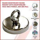 Round Neodymium Fishing Magnet with Countersunk Hole and Eyebolt, 500 LBS pull