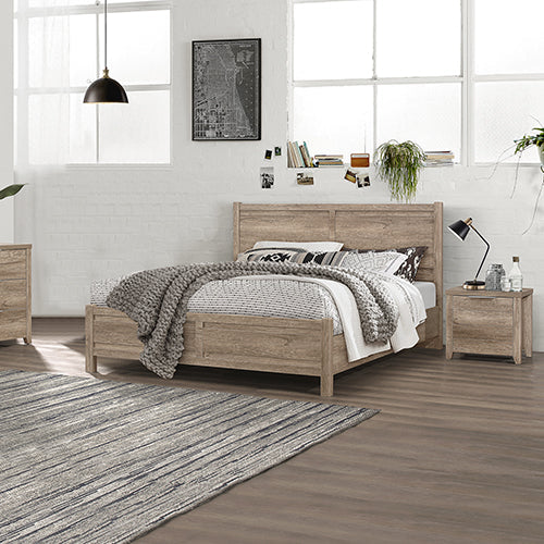 3 Pieces Bedroom Suite Natural Wood Like MDF Structure Queen Size Oak Colour Bed, Bedside Table