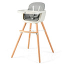 Grey convertible wooden high chair with removable tray and five-point harness