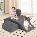 Grey six-piece chenille foam play set in an indoor floor-play setting