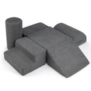 Grey six-piece chenille foam play set with step, wedge, cylinder, half moon and two rectangles