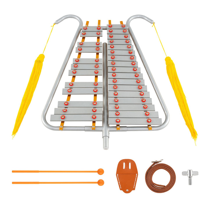 Silver 29-key marching glockenspiel with lyre-shaped frame and yellow tassels with two mallets, belt and belt clip
