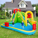 Inflatable water slide and splash pool in a garden