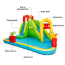 Climbing wall, slide, basketball rim, tipping basin and water cannons