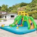 Twin-slide inflatable water park in a garden