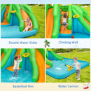 Twin slides, climbing wall, basketball rim and water cannon