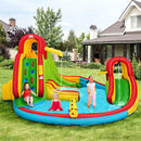 Double-slide water park and lounger in a garden