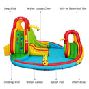 Two slides, climbing walls, lounger, basketball hoop and water cannon