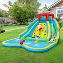 Curved twin-slide water park with climbing wall and splash pool