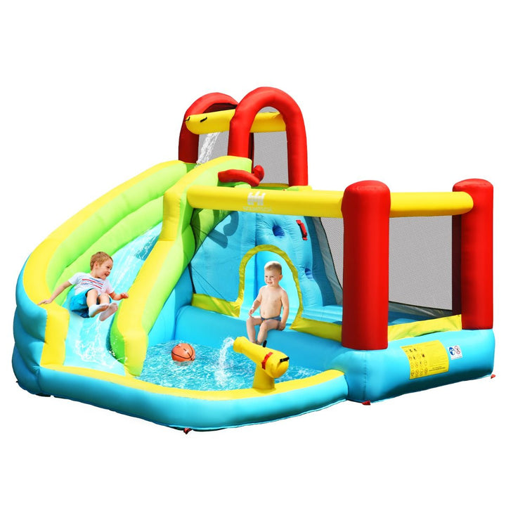 Inflatable water slide and mesh-sided jumping area without blower