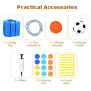 Included balls, inflator, hose, bag, repair patches and stakes