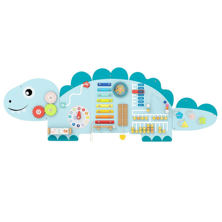 Blue five-panel dinosaur wall activity board