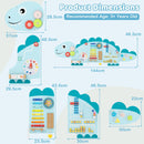 Blue dinosaur activity board dimensions, including overall 144 cm width and 46.5 cm height