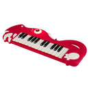 Red 25-key dinosaur toy keyboard angled view