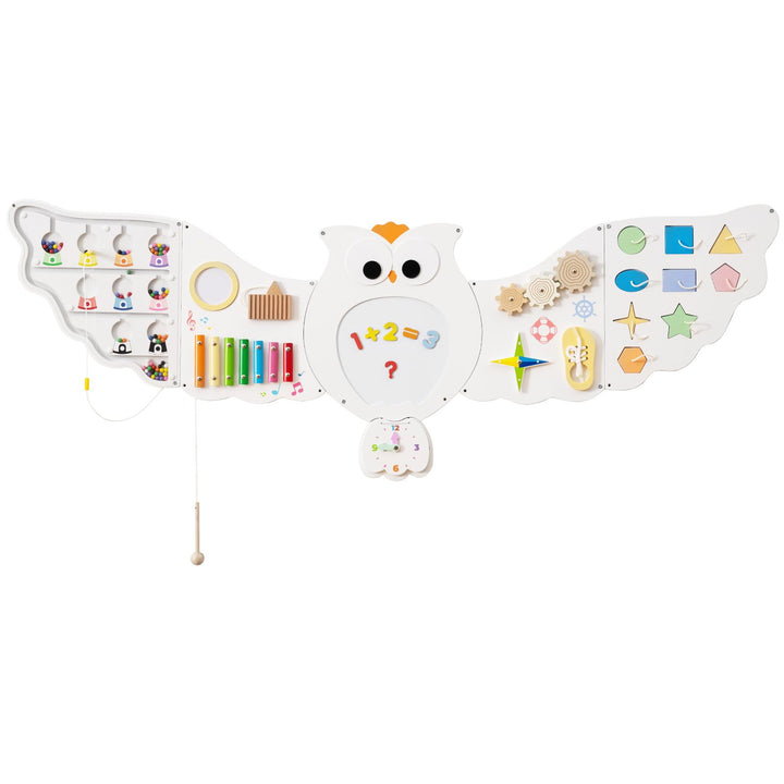 White owl activity board with magnetic number area and colourful play panels
