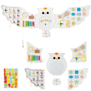 Owl activity board shown assembled and as six individual panels with magnetic accessories