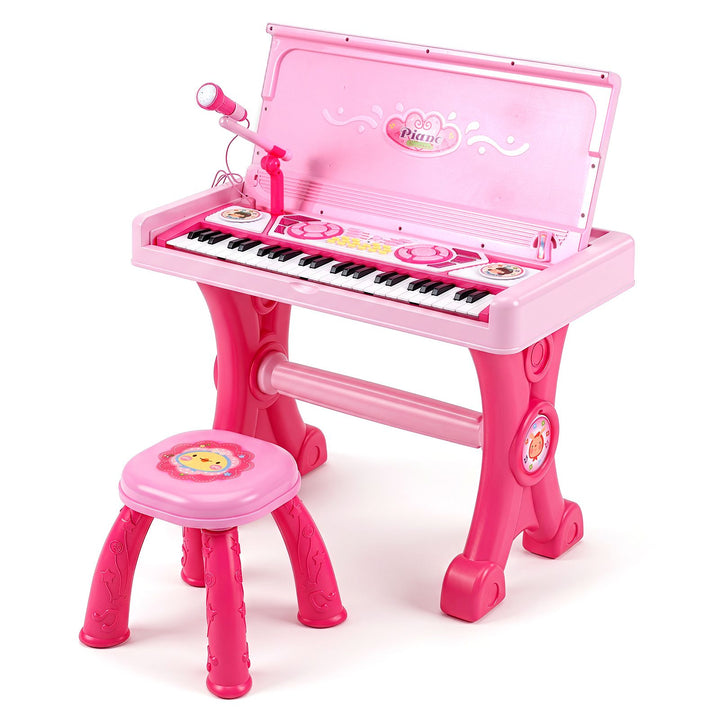 Pink 49-key piano with stool and microphone