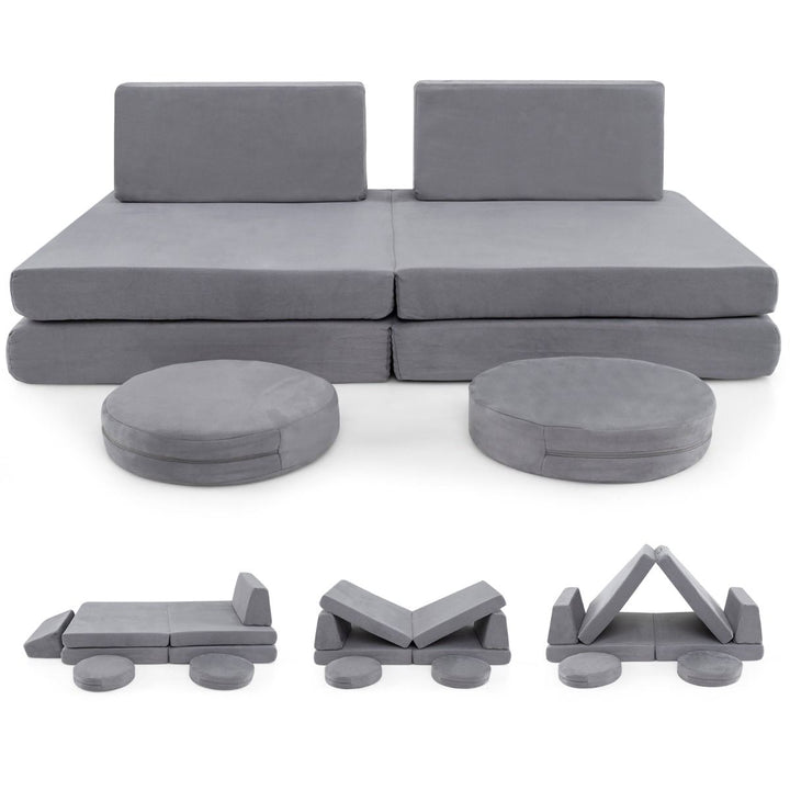 Grey six-piece modular play couch with two round cushions