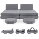 Grey six-piece modular play couch with two round cushions
