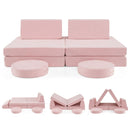 Pink six-piece modular play couch with two round cushions