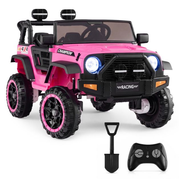 Pink 24V two-seater ride-on truck with parent remote and shovel
