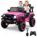 Pink two-seater ride-on truck shown with children, remote and shovel