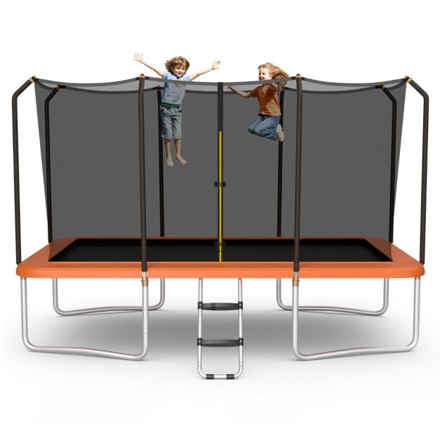 Orange 430 cm rectangular trampoline with enclosure and access ladder