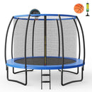 12 ft trampoline with curved enclosure poles, basketball hoop, ladder, ball and pump