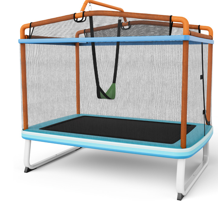 Orange and blue rectangular trampoline with detachable swing and horizontal bar