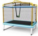 Yellow and blue rectangular trampoline with detachable swing and horizontal bar